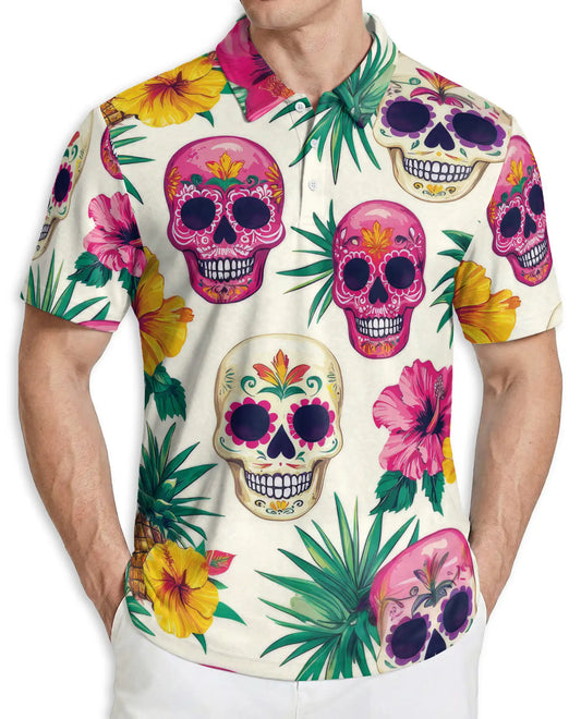 Sugar Skull Polo Shirt, Tropical Floral Print | Azhawaiian