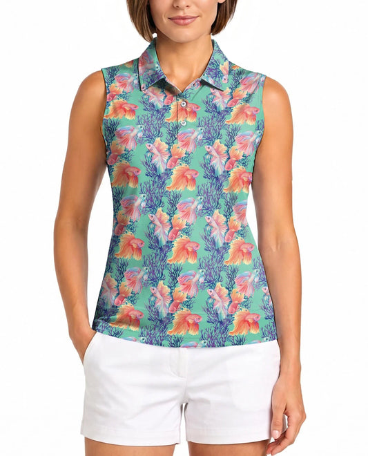 Golden Fish Sleeveless Polo Shirt for Women | Azhawaiian