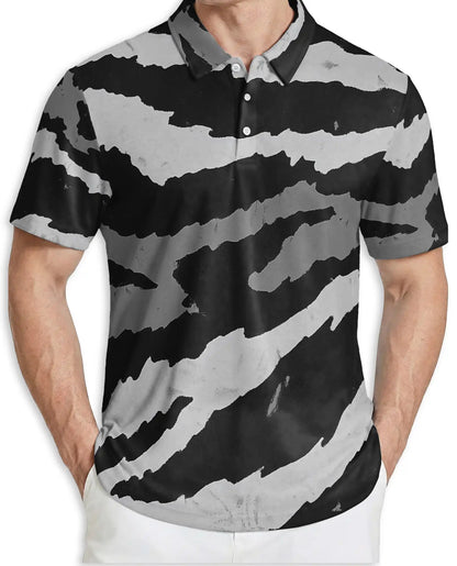 Black White Abstract 3D Polo Shirt for Men, Modern Brushstroke Style | Azhawaiian