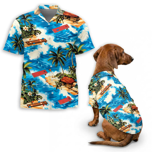 Beach Cornhole Game Summer Matching Dog Owner Hawaiian Shirts, Funny Pet Aloha Shirt for Beach Vacation - Azhawaiian