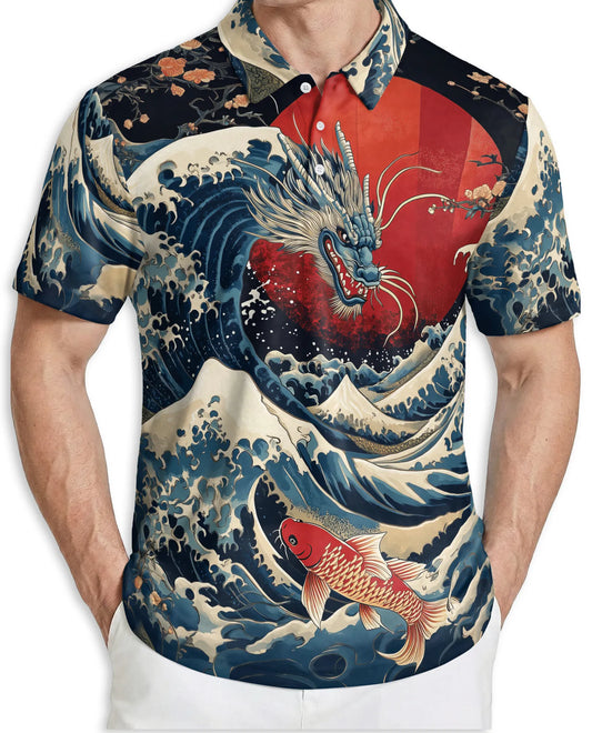 Dragon Wave 3D Polo Shirt for Men, Japanese Koi Ocean Style | Azhawaiian