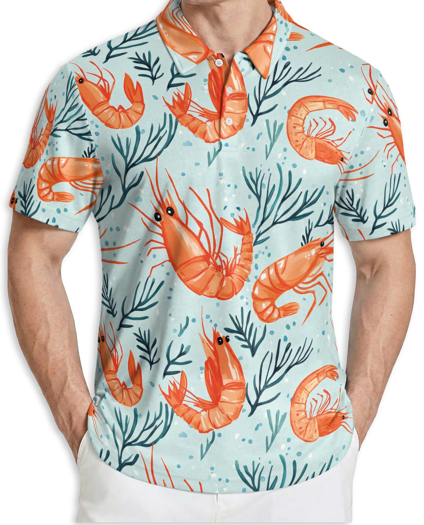 Shrimp Pattern 3D Polo Shirt for Men, Coastal Seafood Summer Style | Azhawaiian
