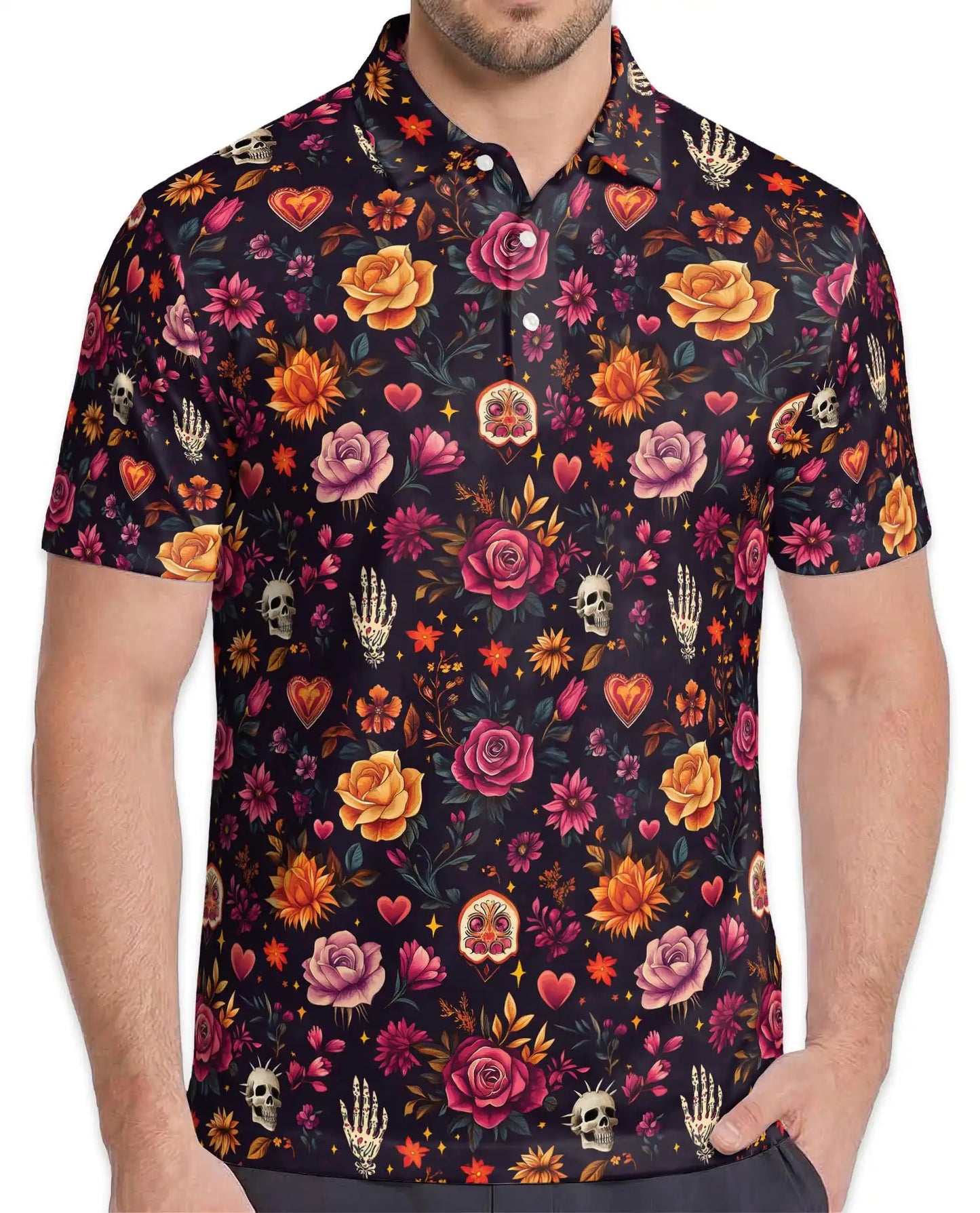 Floral Sugar Skull Polo Shirt for Men-Gothic Rose Skeleton Inspired | Azhawaiian
