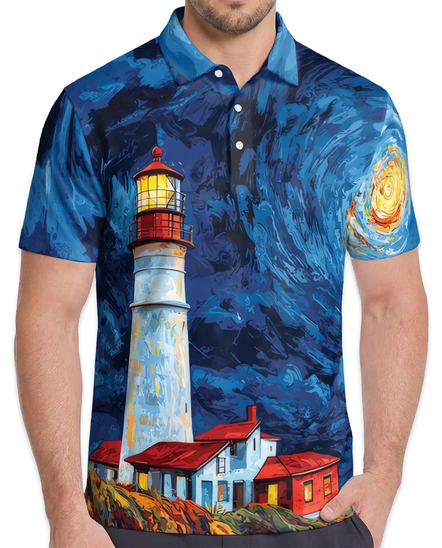 Lighthouse Starry Night Polo Shirt for Men, Coastal Art Style | Azhawaiian