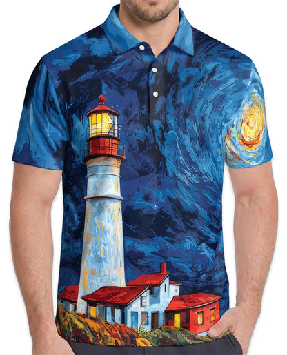Lighthouse Starry Night Polo Shirt for Men, Coastal Art Style | Azhawaiian
