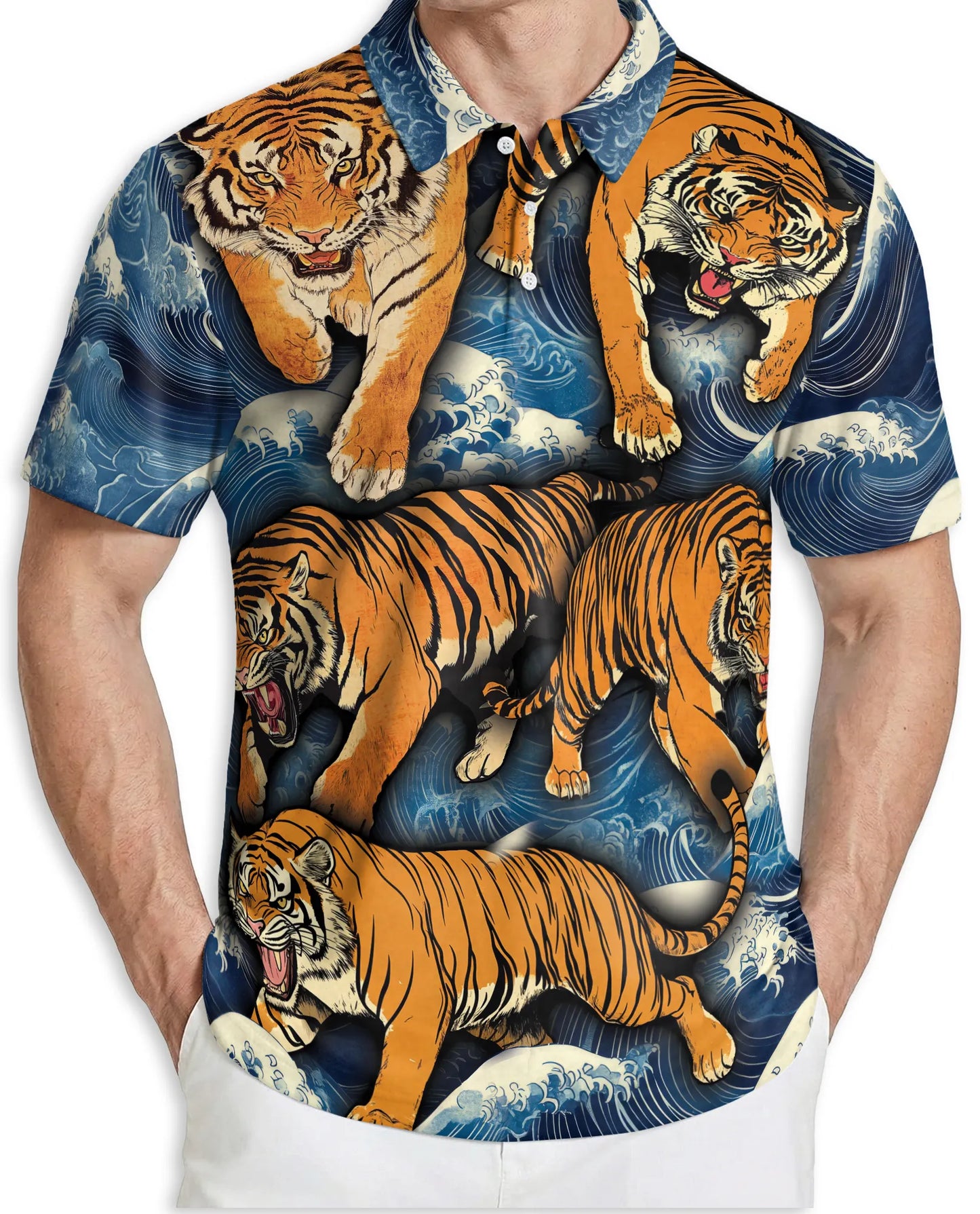 Tiger Wave 3D Polo Shirt for Men, Japanese Ocean Animal Style | Azhawaiian