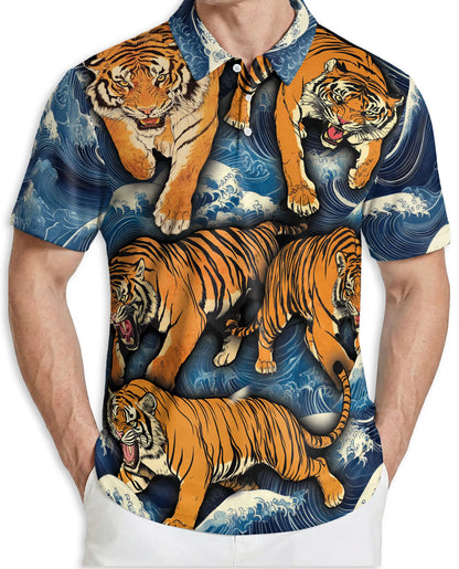Tiger Wave 3D Polo Shirt for Men, Japanese Ocean Animal Style | Azhawaiian