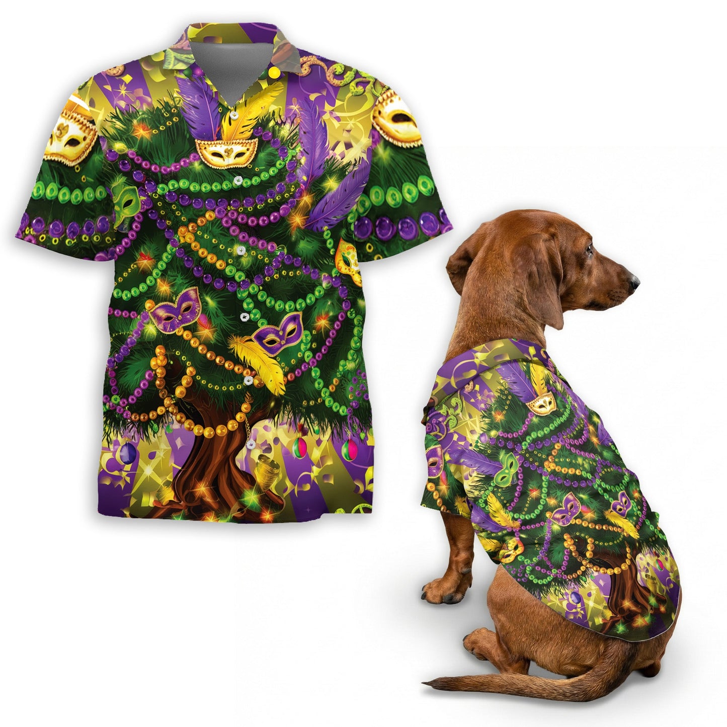 Mardi Gras Tree Matching Dog Owner Hawaiian Shirts, Funny Pet Aloha Shirt for Beach Vacation - Azhawaiian