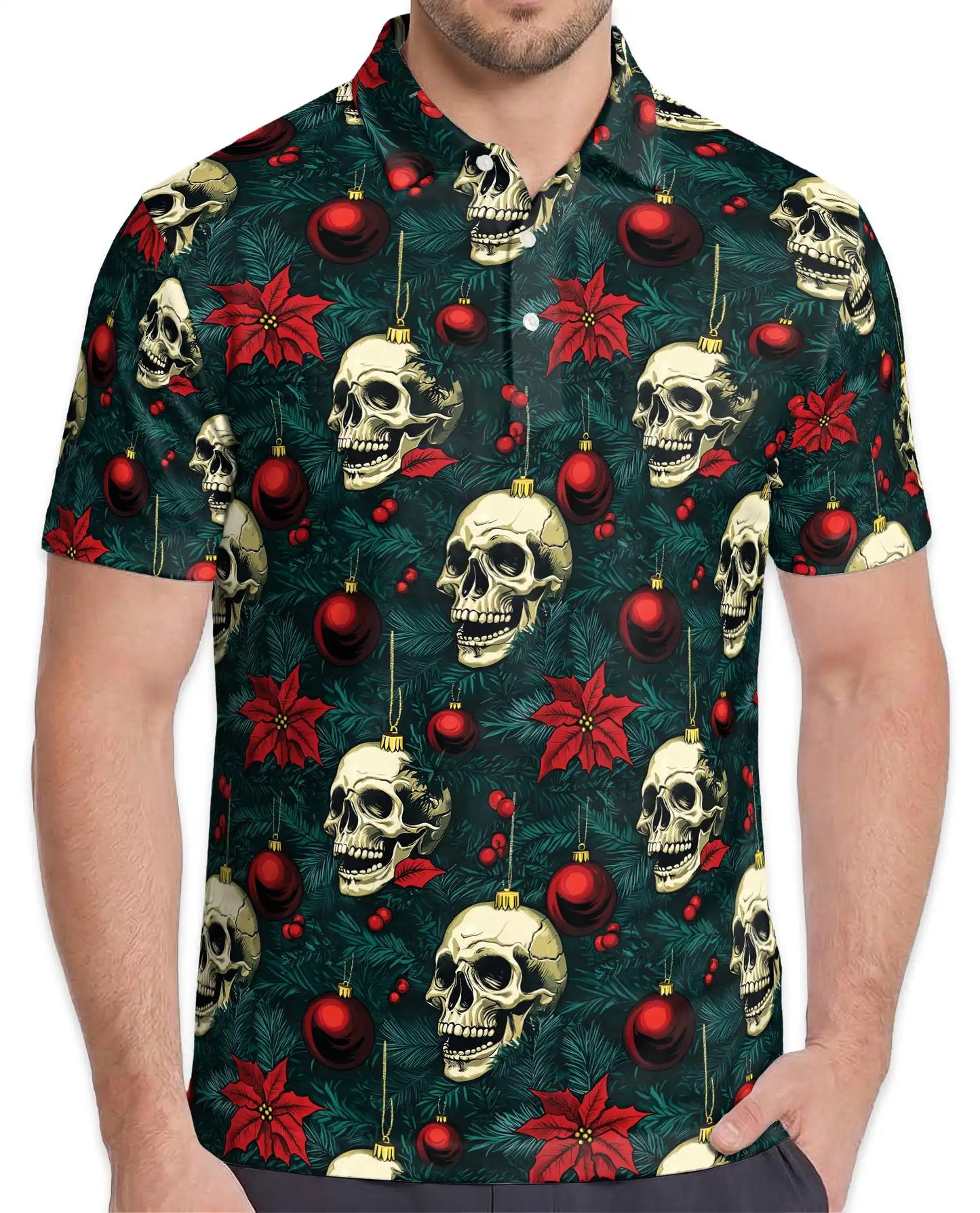 Skull Christmas Polo Shirt, Gothic Holiday Print | Azhawaiian