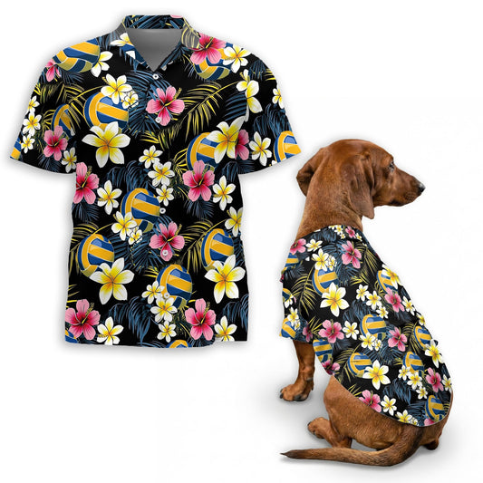 Volleyball Flower Matching Dog Owner Hawaiian Shirts, Funny Pet Aloha Shirt for Beach Vacation - Azhawaiian