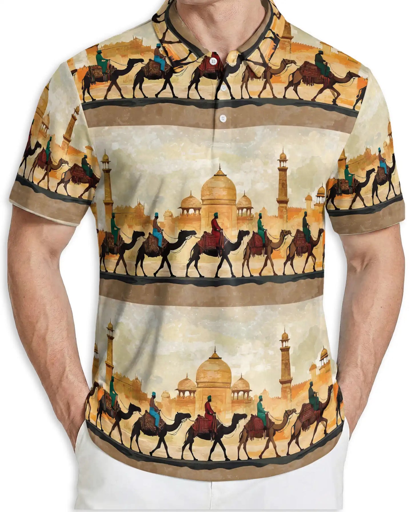 Camel Caravan Desert 3D Polo Shirt for Men, Middle Eastern Travel Style | Azhawaiian