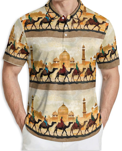 Camel Caravan Desert 3D Polo Shirt for Men, Middle Eastern Travel Style | Azhawaiian