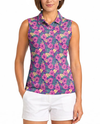 Tropical Hibiscus Purple Sleeveless Polo Shirt for Women | Azhawaiian