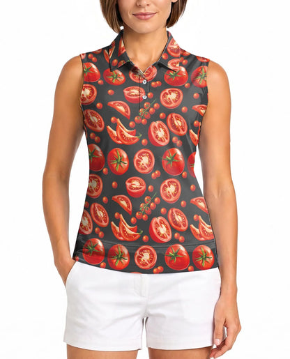 Tomato Print Sleeveless Polo Shirt for Women | Azhawaiian
