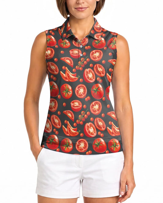 Tomato Print Sleeveless Polo Shirt for Women | Azhawaiian