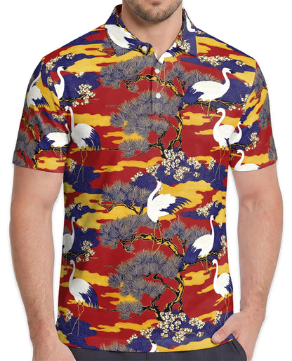Crane Bird Polo Shirt for Men, Japanese Garden Style | Azhawaiian