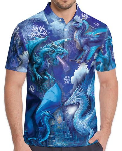 Blue Ice Dragon Polo Shirt for Men, Winter Fantasy Design | Azhawaiian