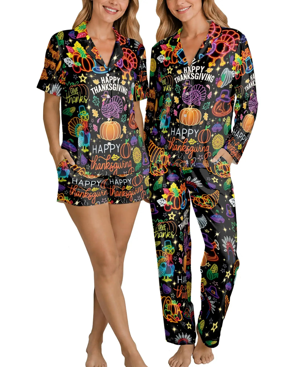 Neon Thanksgiving Pajama Set for Women – Turkey Pumpkin Print
