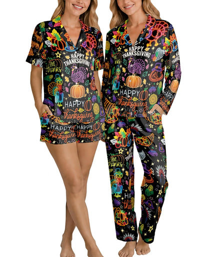 Neon Thanksgiving Pajama Set for Women – Turkey Pumpkin Print