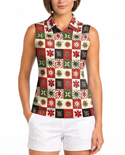 Christmas Quilt Pattern Sleeveless Polo Shirt for Women | Azhawaiian