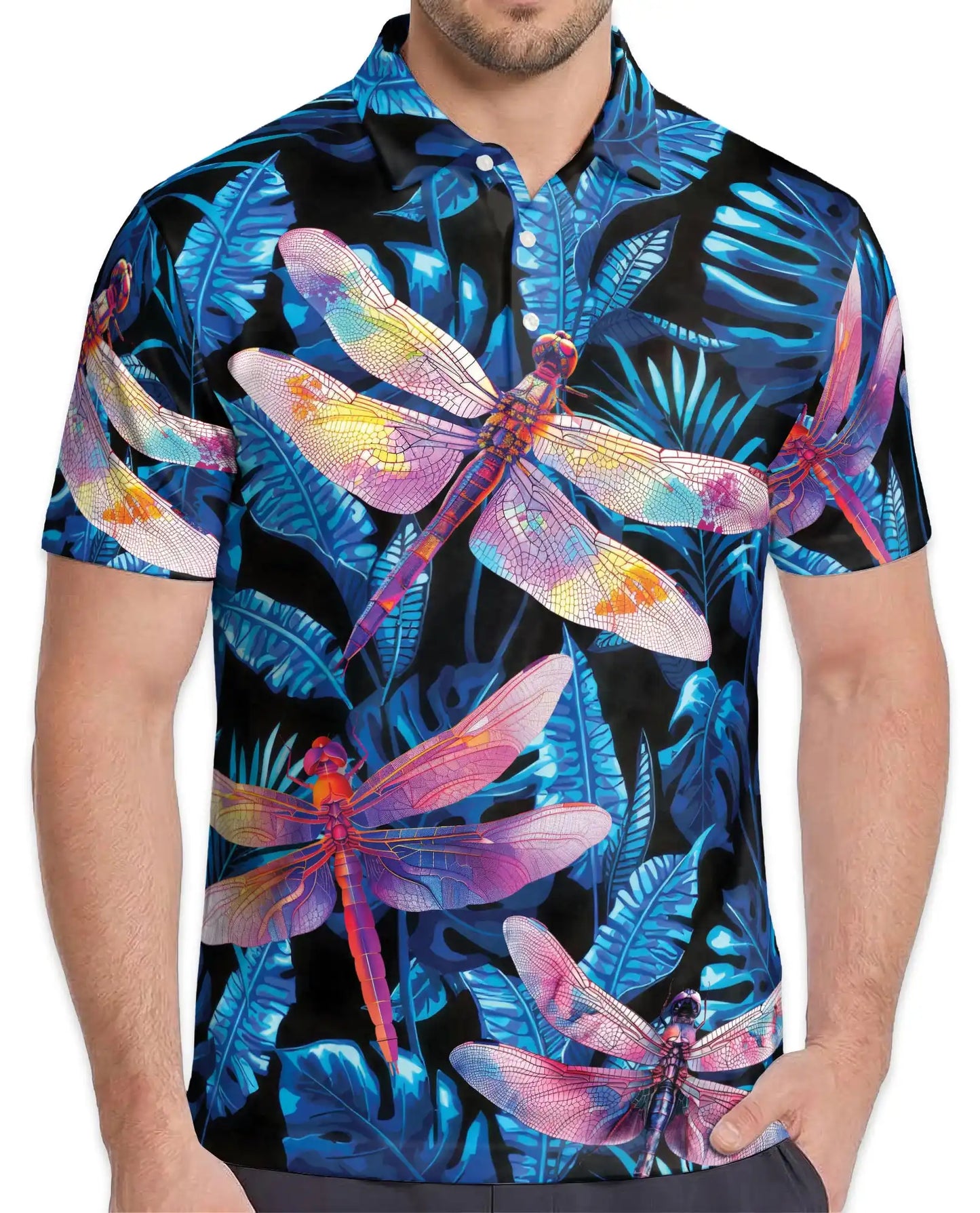 Dragonfly Tropical Polo Shirt for Men, Colorful Dragonfly Print | Azhawaiian