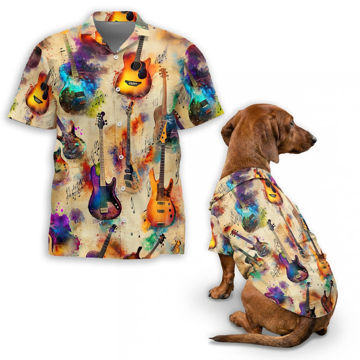 Vintage Guitar Matching Dog Owner Hawaiian Shirts, Funny Pet Aloha Shirt for Beach Vacation - Azhawaiian