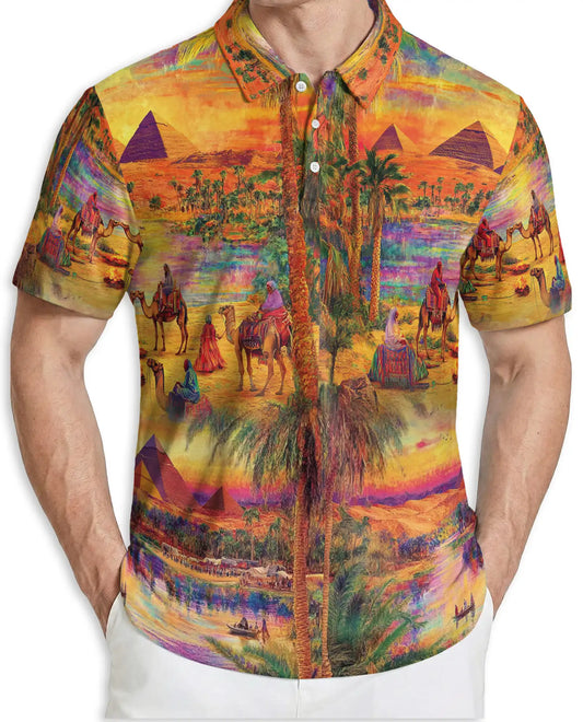 Egyptian Desert Pyramid 3D Polo Shirt for Men, Camel Oasis Travel Style | Azhawaiian