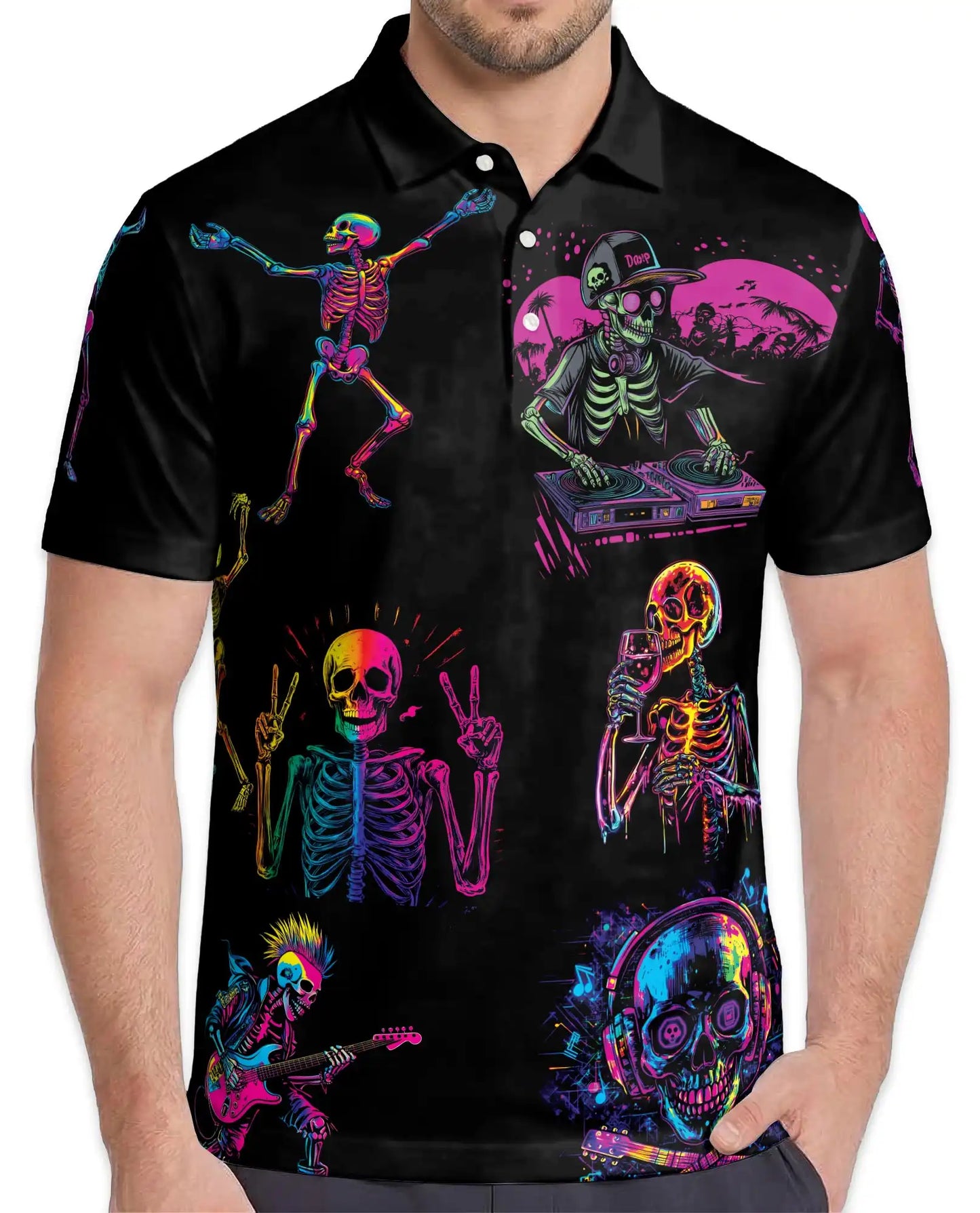 Neon Skeleton Polo Shirt - Retro Music Festival Style | Azhawaiian