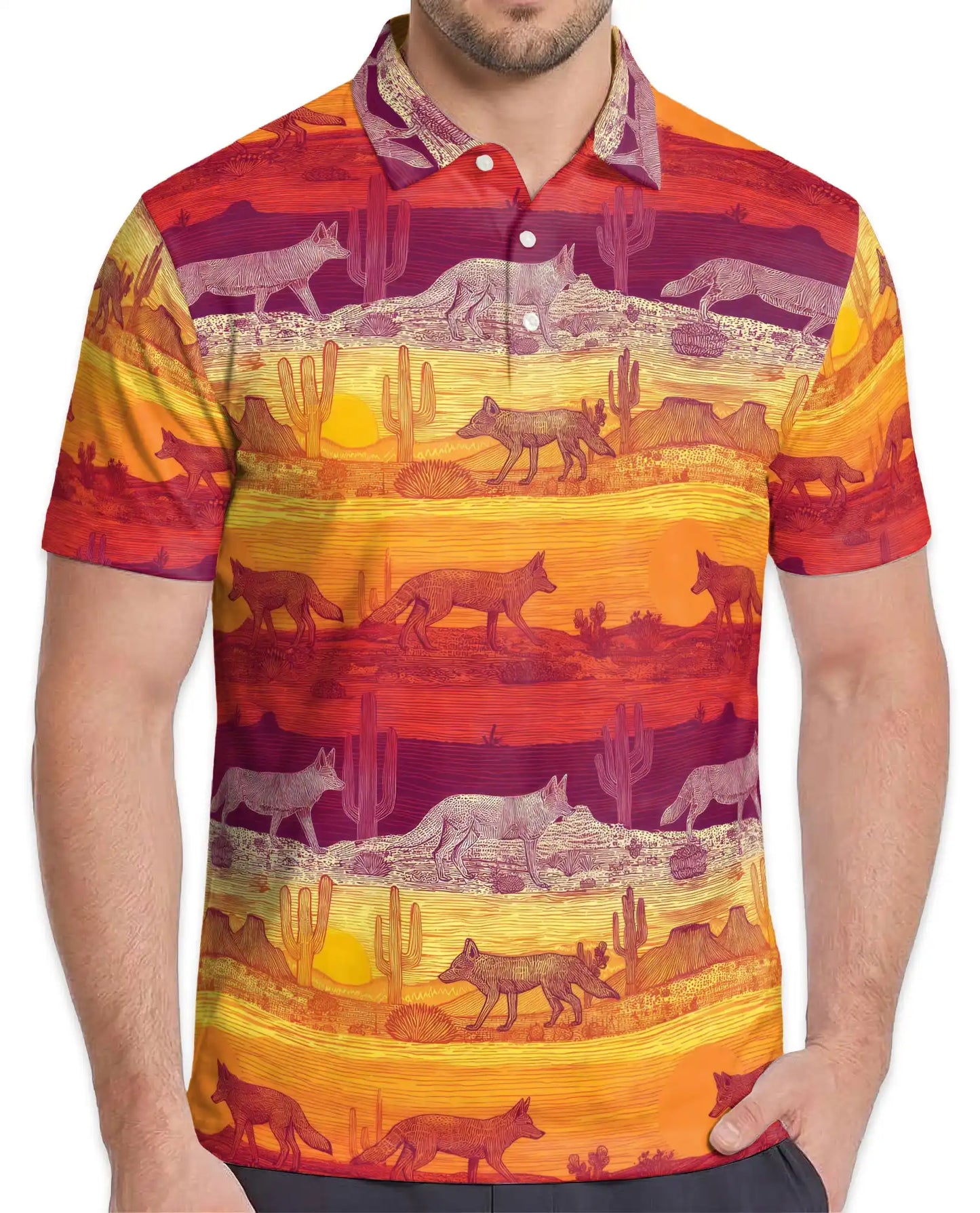 Desert Coyote Polo Shirt for Men, Western Sunset Style | Azhawaiian