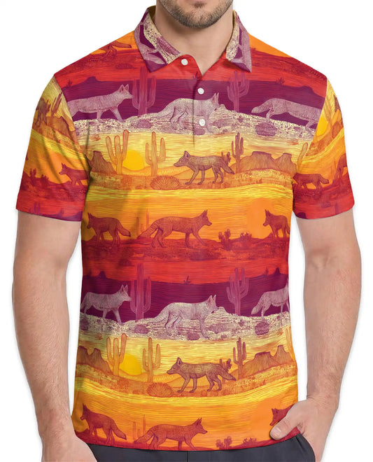 Desert Coyote Polo Shirt for Men, Western Sunset Style | Azhawaiian