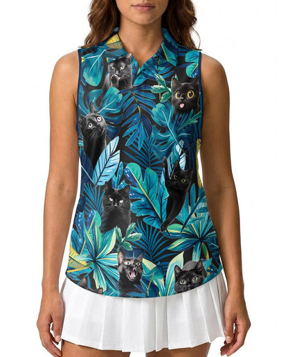 Black Cat Tropical Leaf Sleeveless Polo Shirt for Women | Azhawaiian