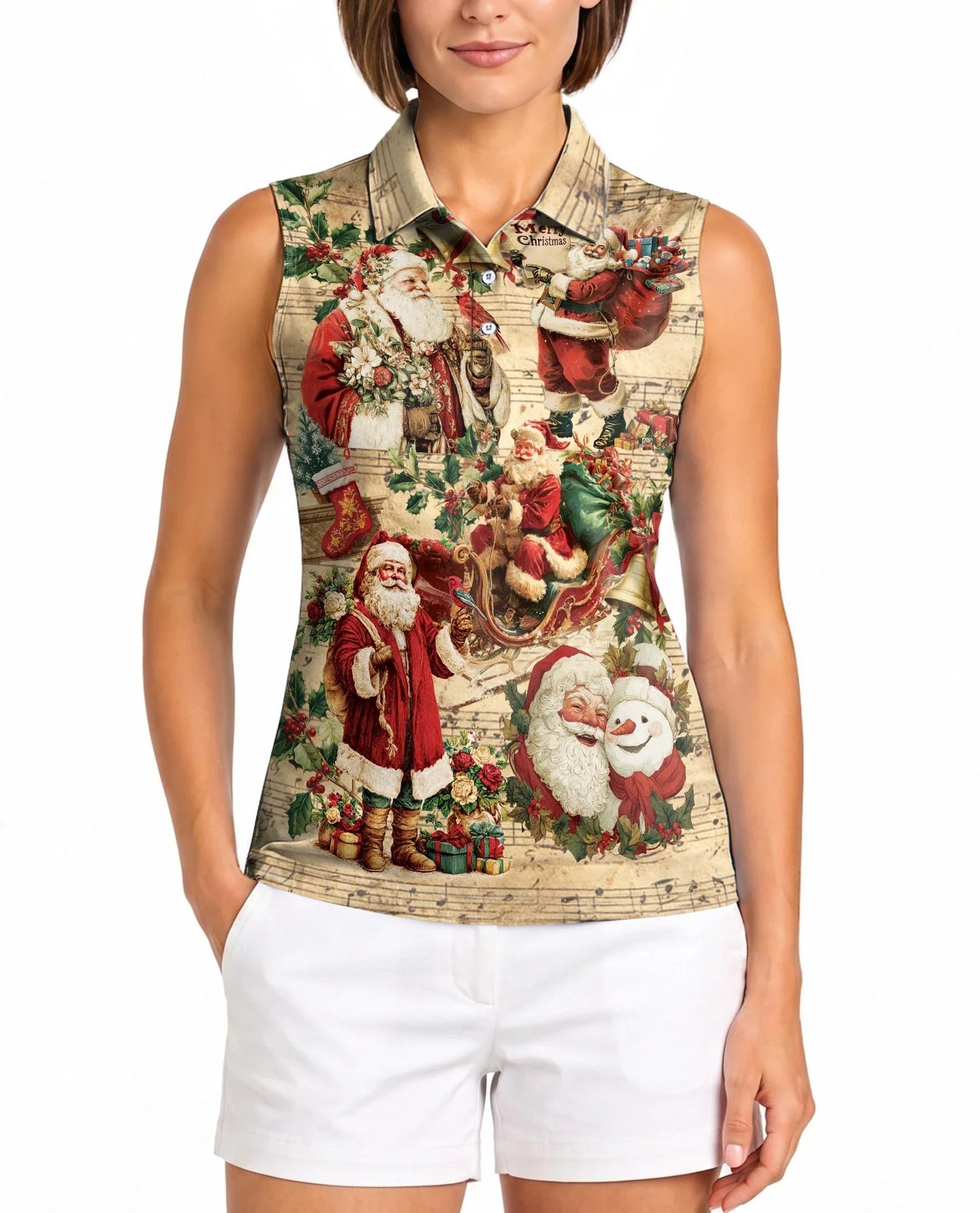 Vintage Music Santa Sleeveless Polo Shirt for Women, Christmas Holiday Style | Azhawaiian