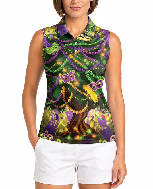 Mardi Gras Tree Sleeveless Polo Shirt for Women | Azhawaiian