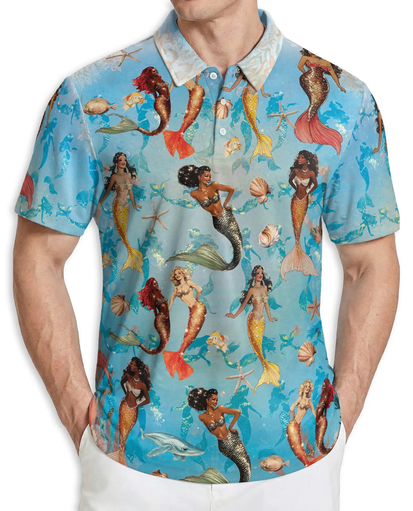 Mermaid Ocean Hawaiian Polo Shirt, Beach Style | Azhawaiian