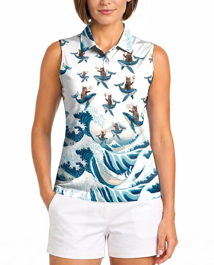 Cat Riding Whale Funny Sleeveless Polo Shirt for Women | Azhawaiian