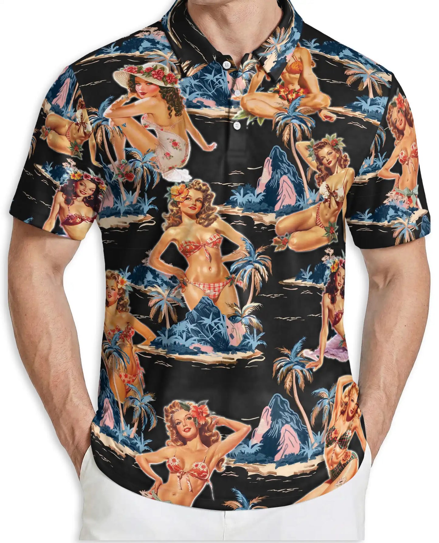 Tropical Pin Up Polo Shirt - Vintage Island Night Style | Azhawaiian