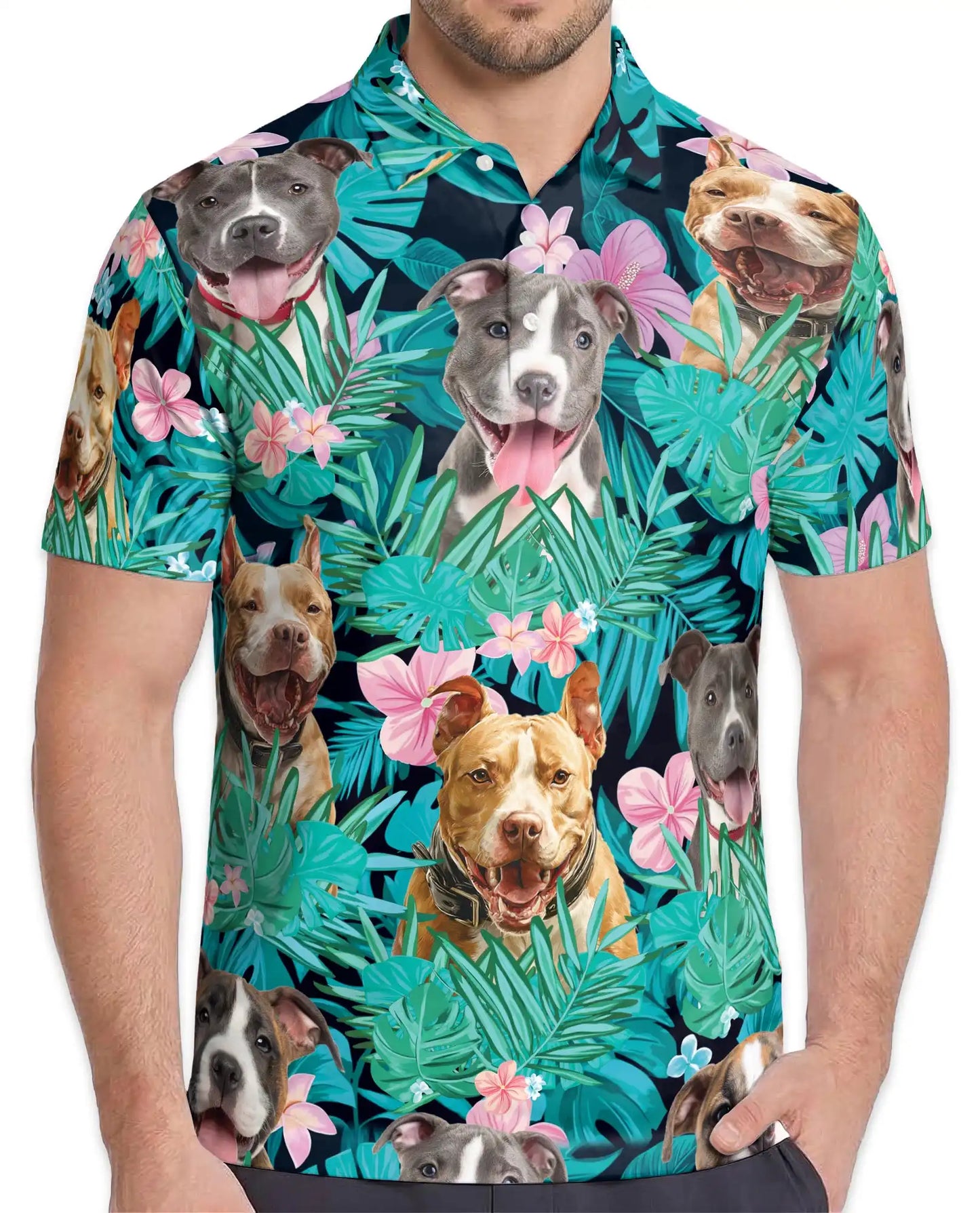 Happy Dogs Tropical Polo Shirt for Men, Cute Dog Print | Azhawaiian