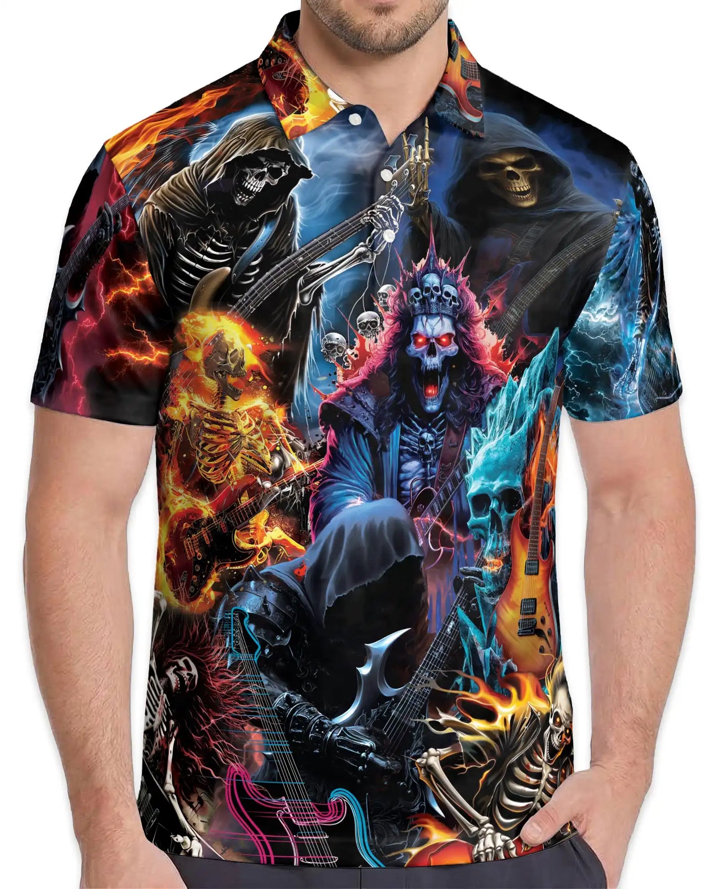 Gothic Skeleton Polo Shirt for Men, Dark Fantasy Casual | Azhawaiian