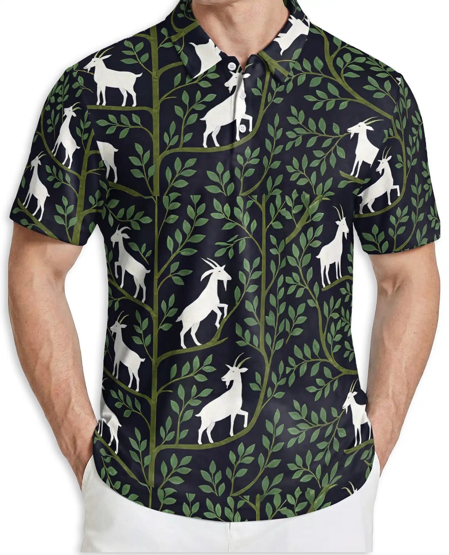 Botanical Goat Polo Shirt, Woodland Nature Print | Azhawaiian