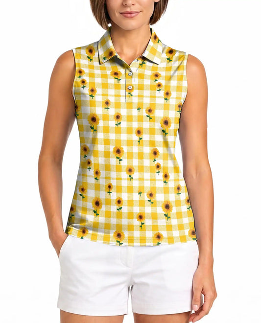 Yellow Gingham Sunflower Sleeveless Polo Shirt for Women | Azhawaiian