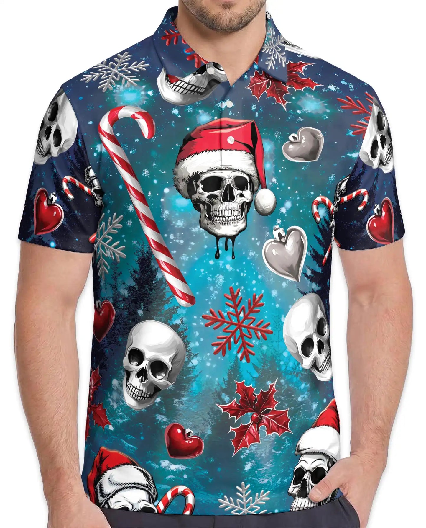Christmas Skull 3D Polo Shirt for Men, Gothic Holiday Horror Style | Azhawaiian