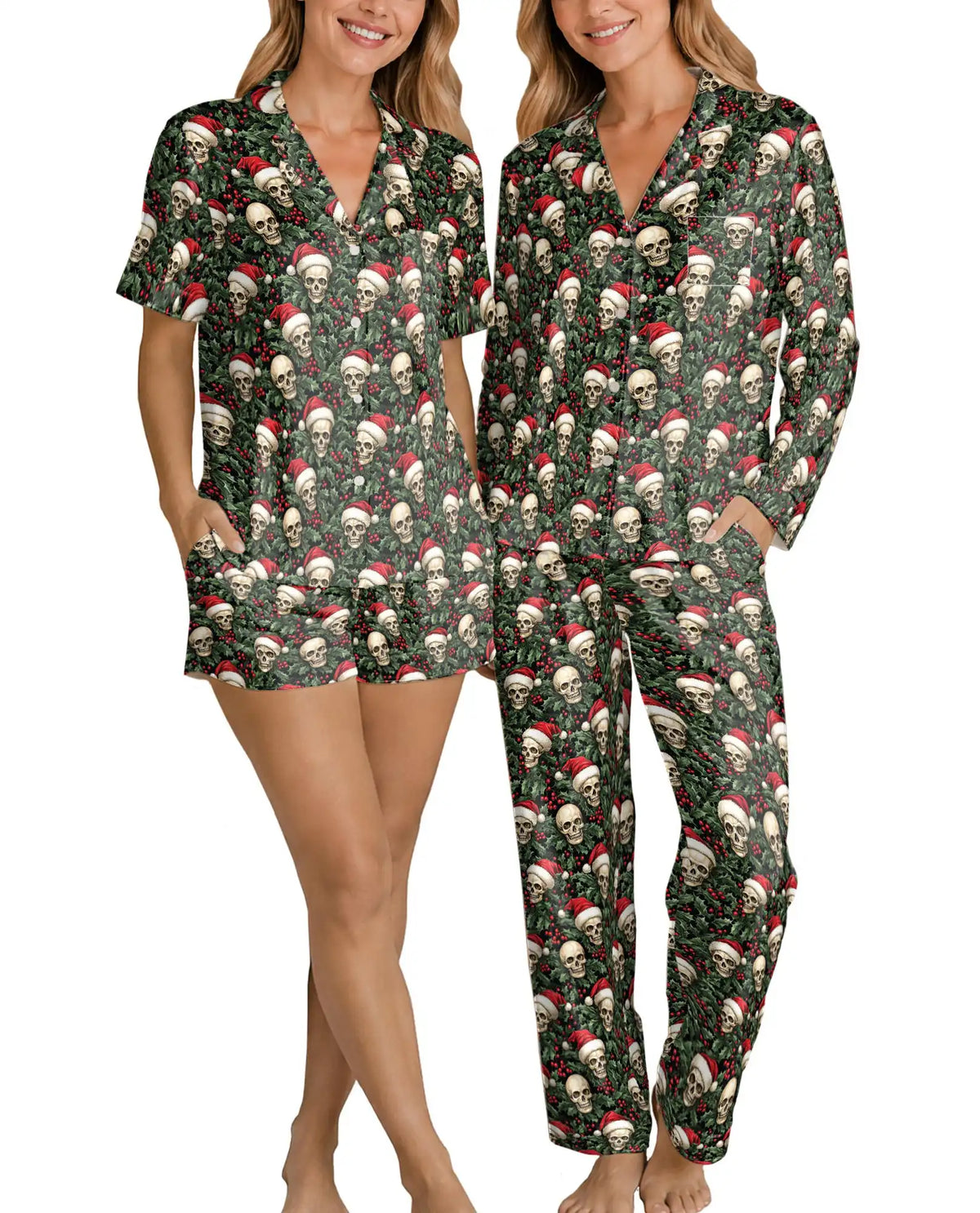Gothic Christmas Skull Pajama Set for Women – Holly Berry Print