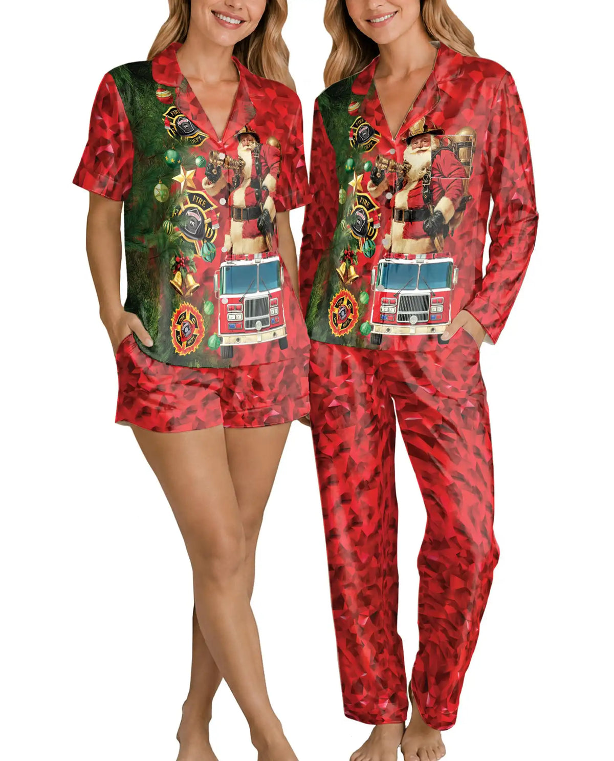 Firefighter Santa Christmas Pajama Set for Women – Fire Truck Print