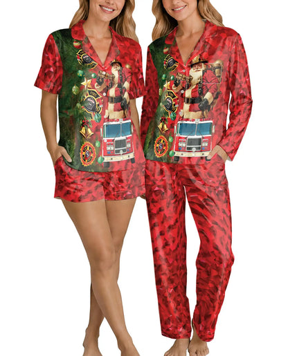 Firefighter Santa Christmas Pajama Set for Women – Fire Truck Print