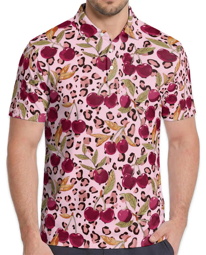 Cherry Leopard Polo Shirt for Men, Trendy Fruit Style | Azhawaiian