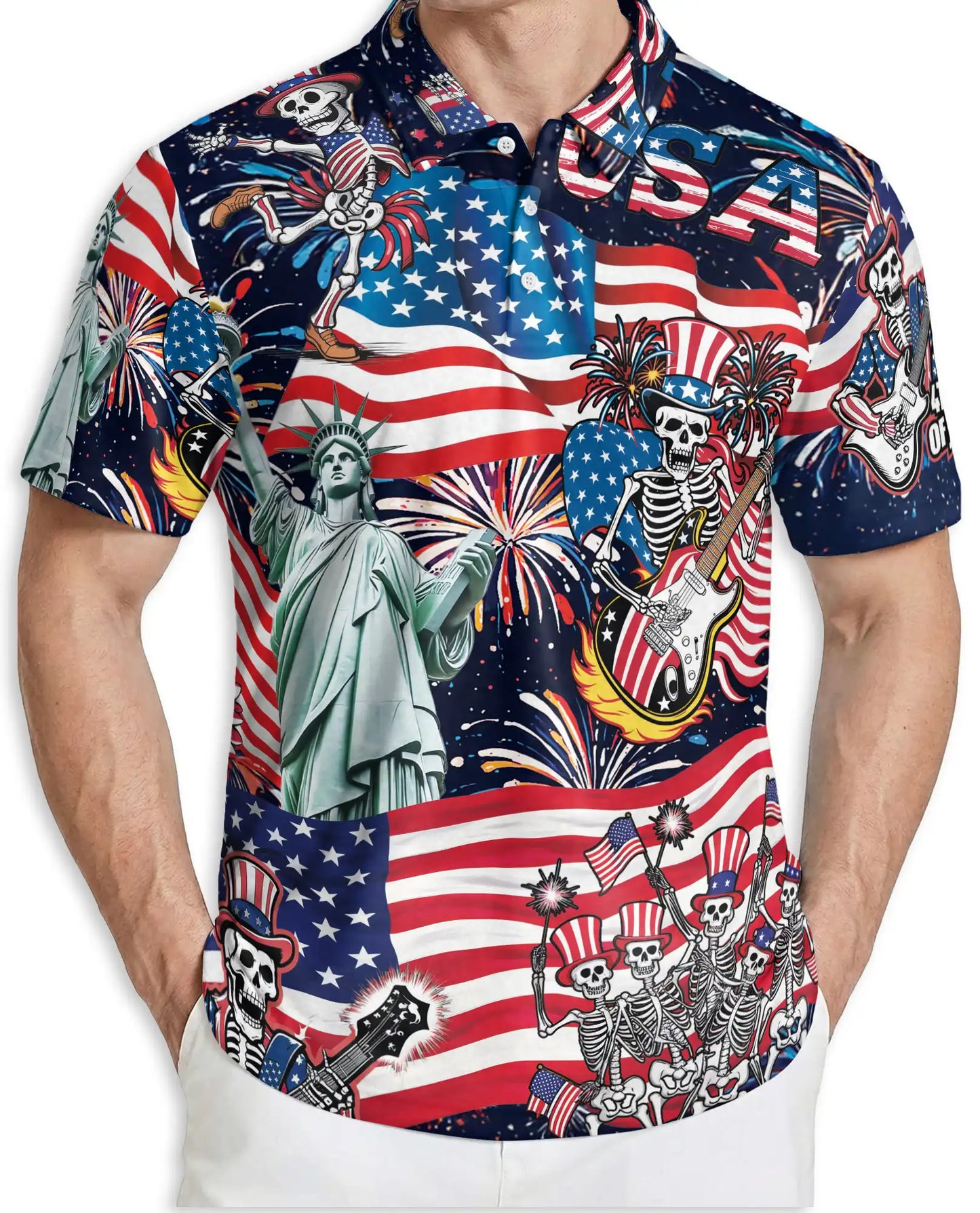 USA Skeleton Rock Band Patriotic 4th Of July Polo Shirt | Azhawaiian