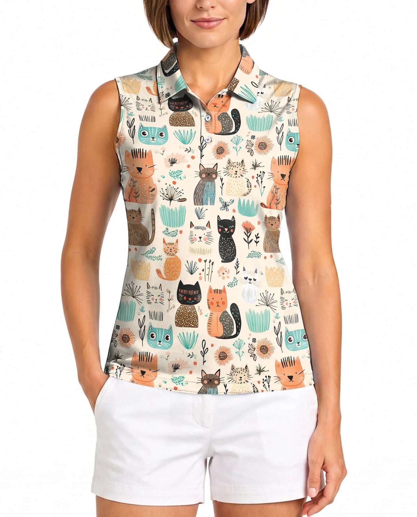 Cat Abstract Trees and Flowers Sleeveless Polo Shirt for Women | Azhawaiian