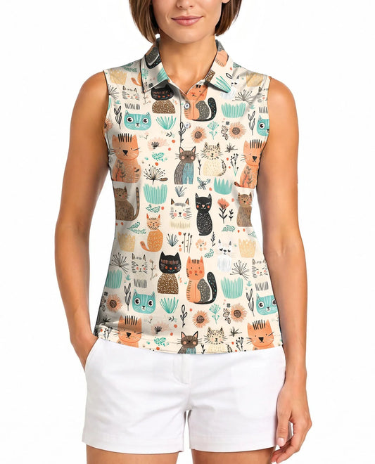 Cat Abstract Trees and Flowers Sleeveless Polo Shirt for Women | Azhawaiian