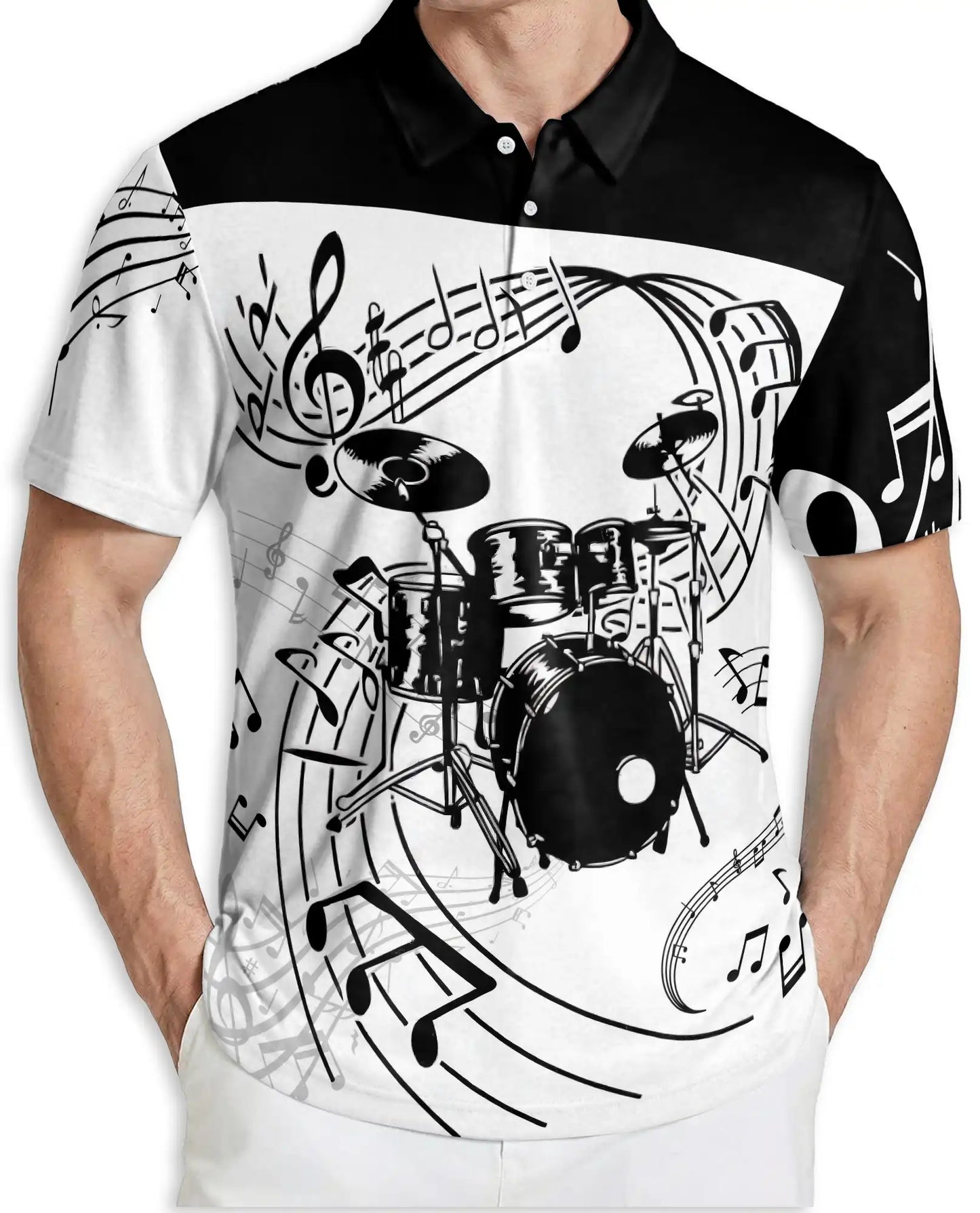 Drum Music 3D Polo Shirt for Men, Black White Band Art Style | Azhawaiian