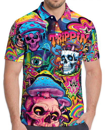 Trippy Psychedelic Skull Polo Shirt for Men, Colorful Mushroom Art | Azhawaiian